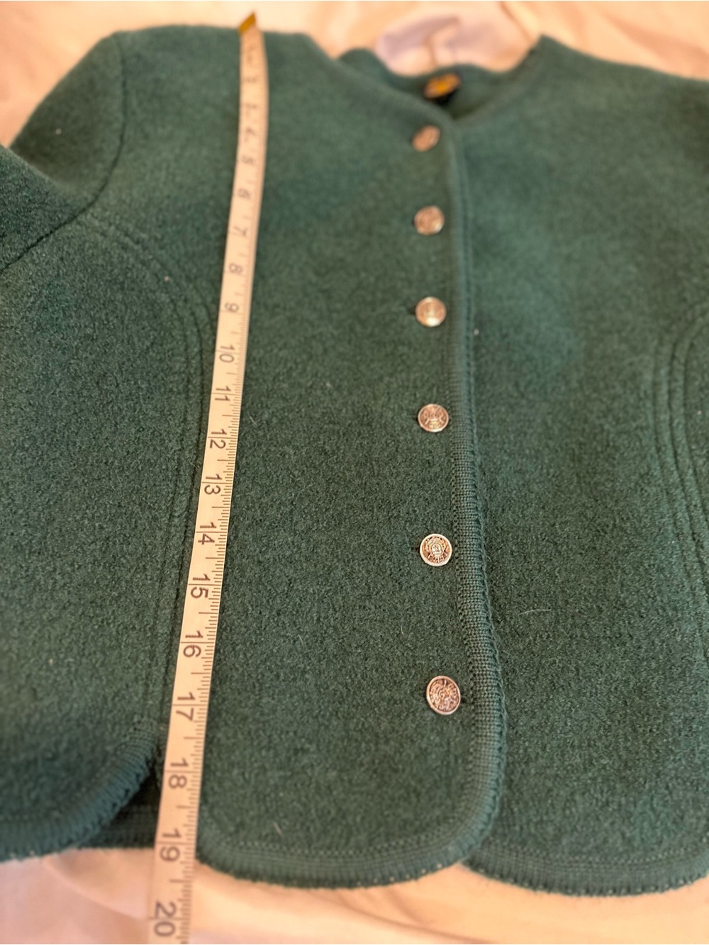 VTG Emerald Green Boiled Wool Fitted Structured Cardigan Jacket Pewter Buttons. - Picture 4 of 12